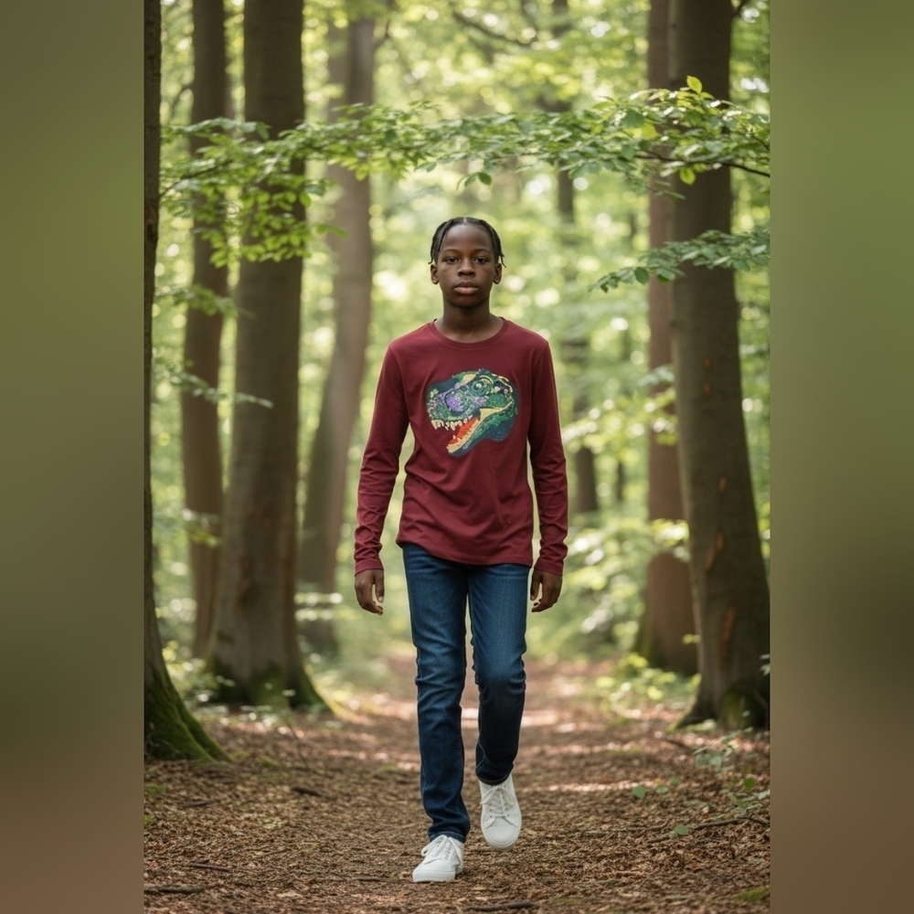 Land Ends Kids Dinosaur Graphic Long Sleeve Shirt - Maroon NWOT Medium